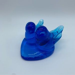 Art Glass Double Blue Birds of Happiness On Heart Signed Leo Ward 1989 Bluebirds